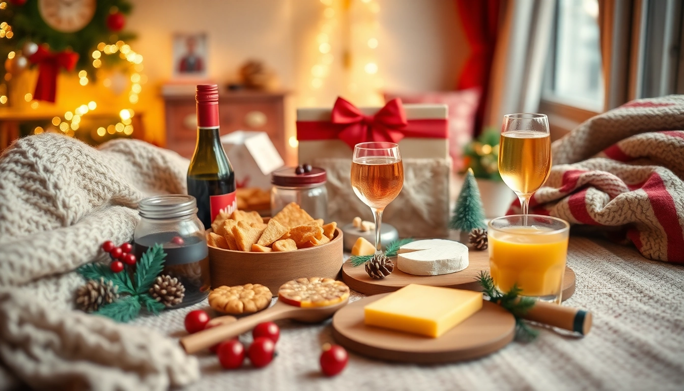 Kerstpakket gevuld met gastronomische snacks en feestelijke accessoires, straalt warmte en feestvreugde uit.