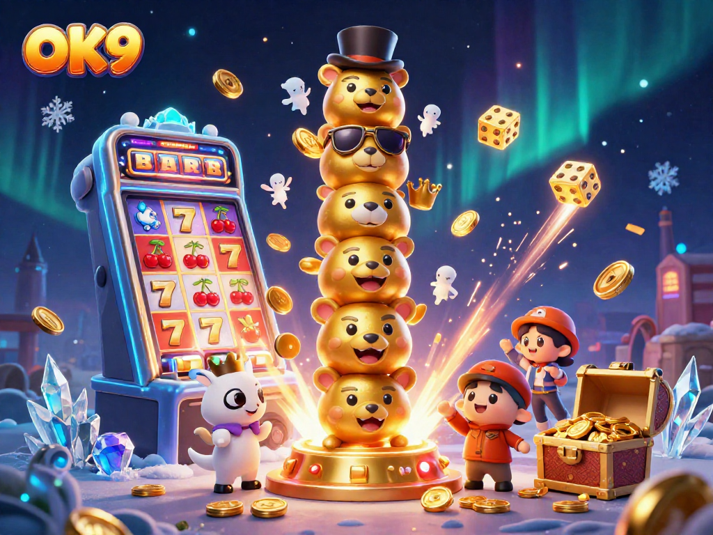 Engage with OK9's vibrant casino fun featuring a dynamic 3D totem pole and slot machines.