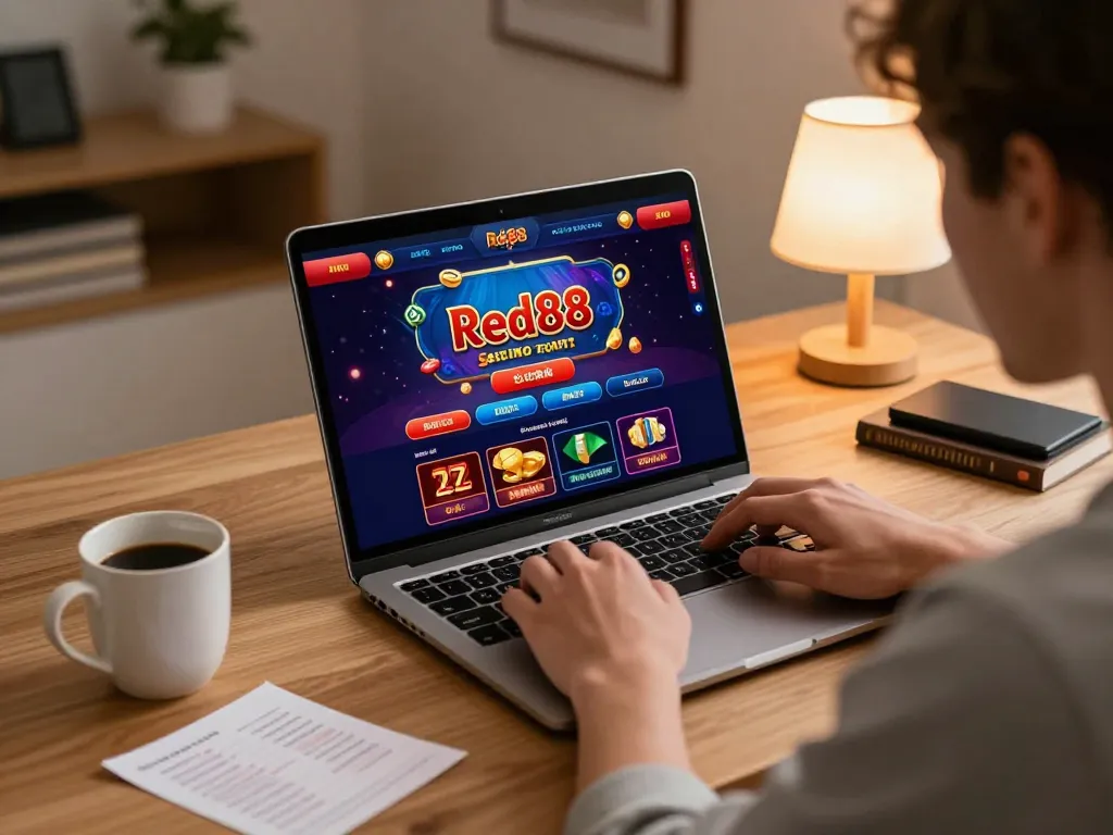 Player enjoying Red88 casino games online using laptop at home with vibrant graphics and strategy notes.
