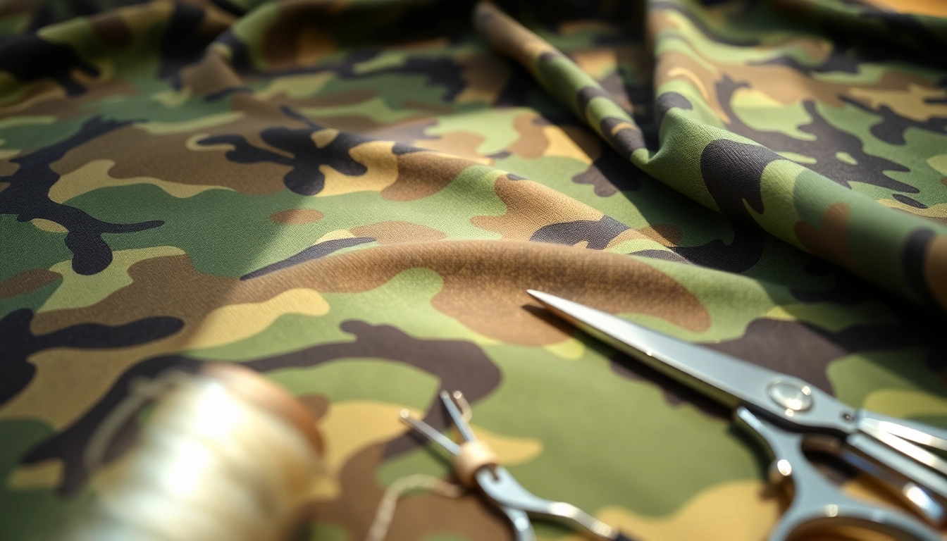 Gebruik van camouflage print stoffen op handwerk met naald en draad op een houten tafel.