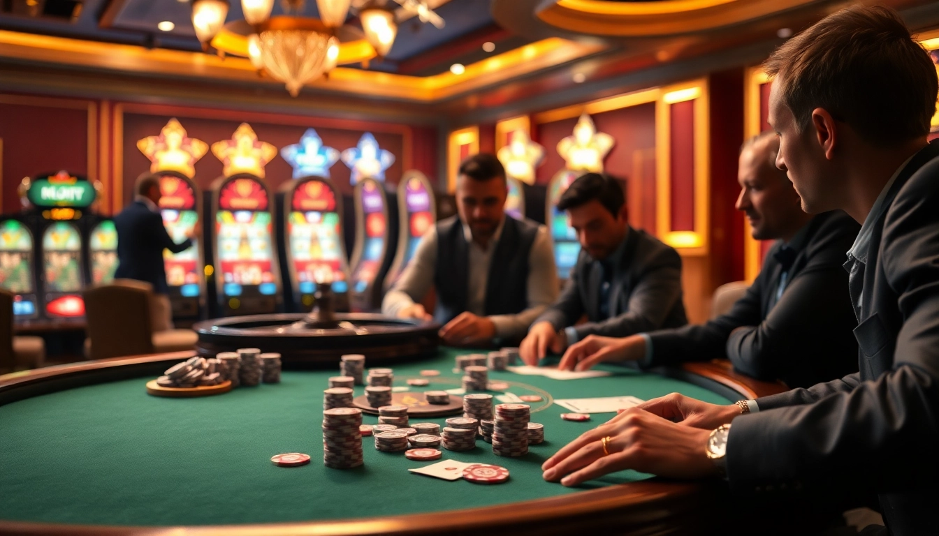 Poker players strategizing their game at https://nohu90s.it.com/ amidst a luxurious casino ambiance.
