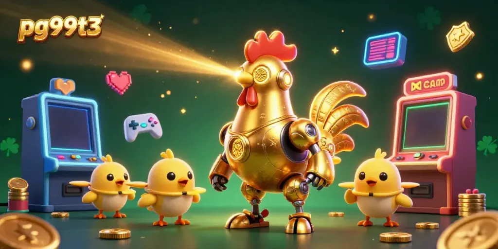 Engage with pg99t3's vibrant gaming scene featuring a futuristic golden rooster robot amidst colorful slot machines.
