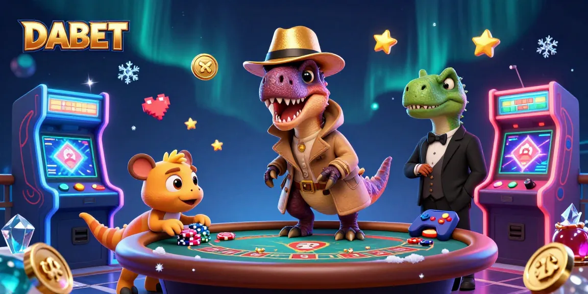 DABET enhances gaming experiences with vibrant characters at a blackjack table amid colorful arcade elements.