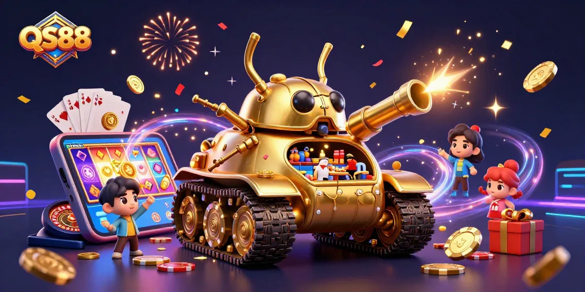 Experience excitement at QS88 Casino with dynamic illustrations of gaming elements and golden tokens.