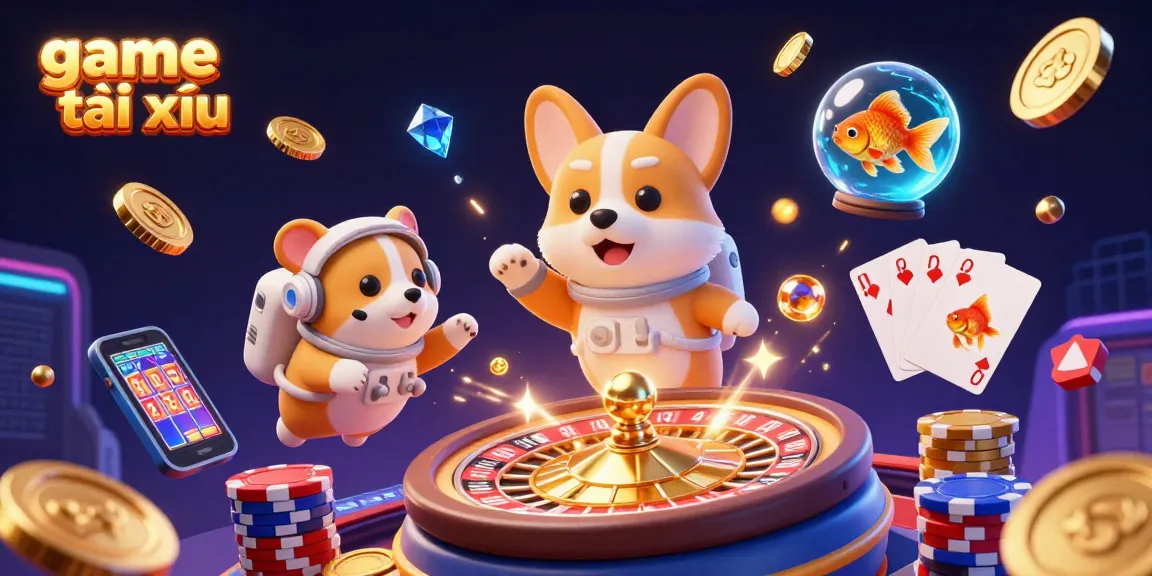 Experience the excitement of game tài xỉu with a floating corgi and casino elements in this vibrant illustration.