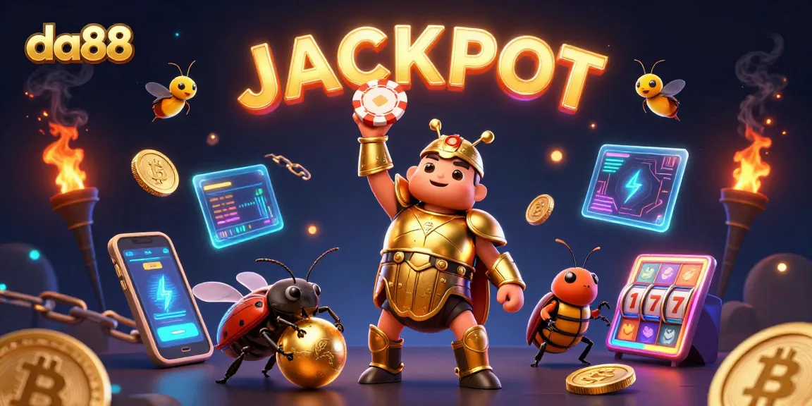 Experience the da88 jackpot with vibrant 3D illustration of a beetle and gaming symbols