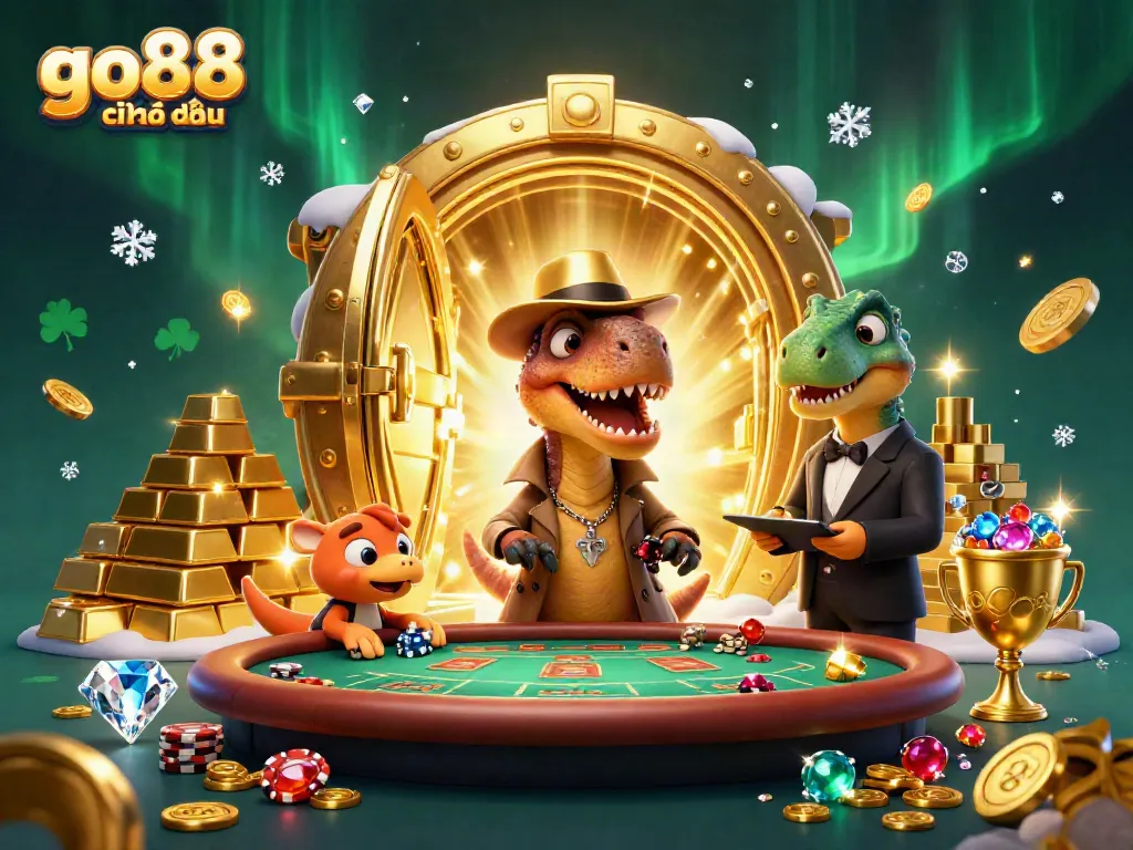 Experience go88 chính thức with a dynamic 3D illustration showcasing a card counter at a blackjack table surrounded by treasure.