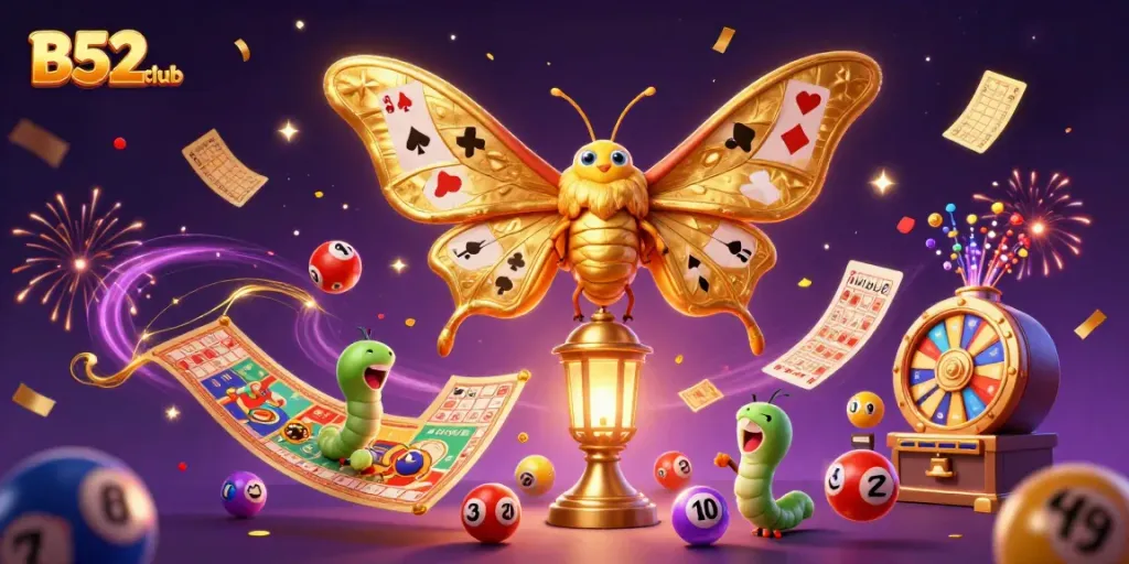 Experience thrilling gameplay with B52club, featuring a majestic moth and casino-themed elements.