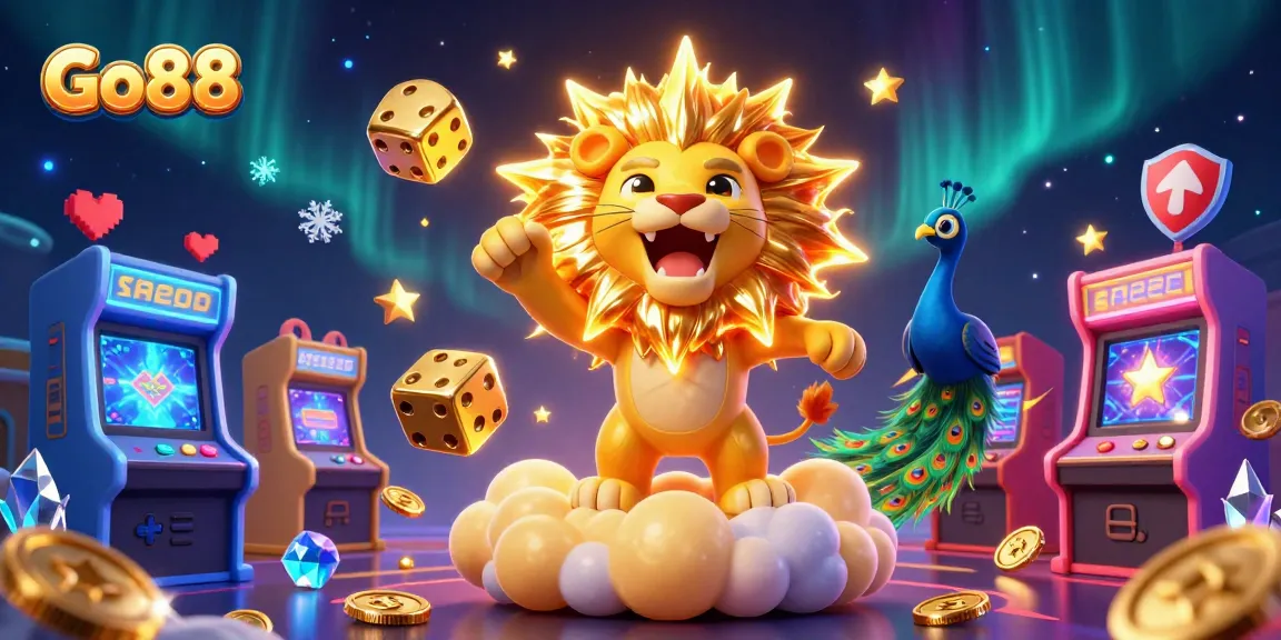 Engage with Go88's thrilling gaming adventure featuring roaring sun lion, golden dice, and arcade action.