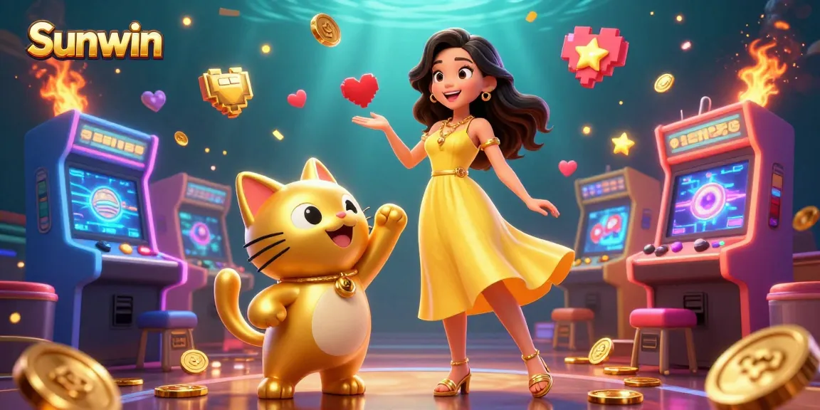 Engage in thrilling casino adventures with Sunwin, featuring a joyful scene of games and charm.