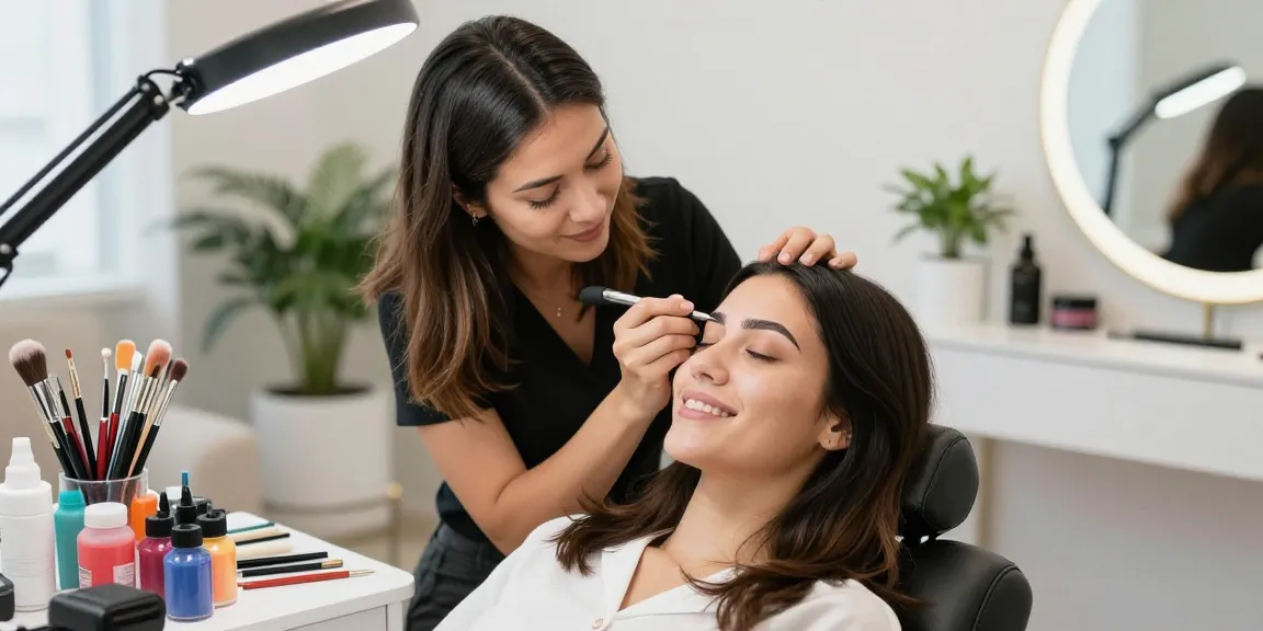 Professioneel die permanente make-up wenkbrauwen aanbrengt in een helder beauty studio
