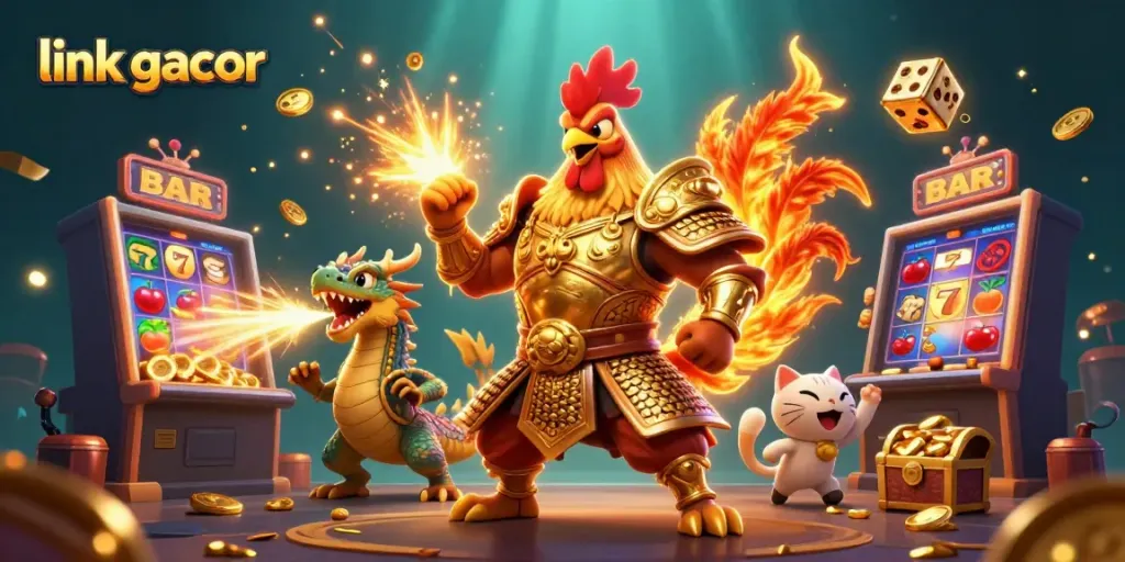 Experience thrilling jackpots at link gacor with this vibrant 3D illustration showcasing dynamic casino elements.