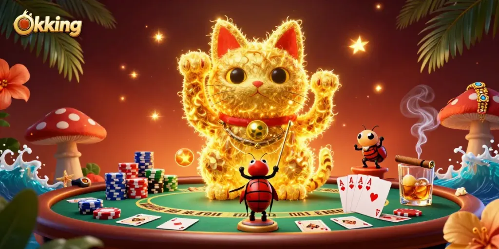 Experience Okking's vibrant casino atmosphere with a golden lucky cat and dynamic poker elements.