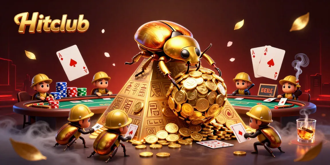 Experience Hitclub's thrilling gaming atmosphere with vibrant illustrations featuring golden beetles and casino elements.