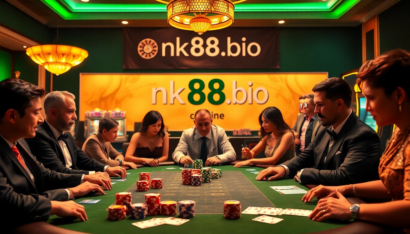 Engaging poker game scene at nk88.bio with stylish players and vibrant casino elements.