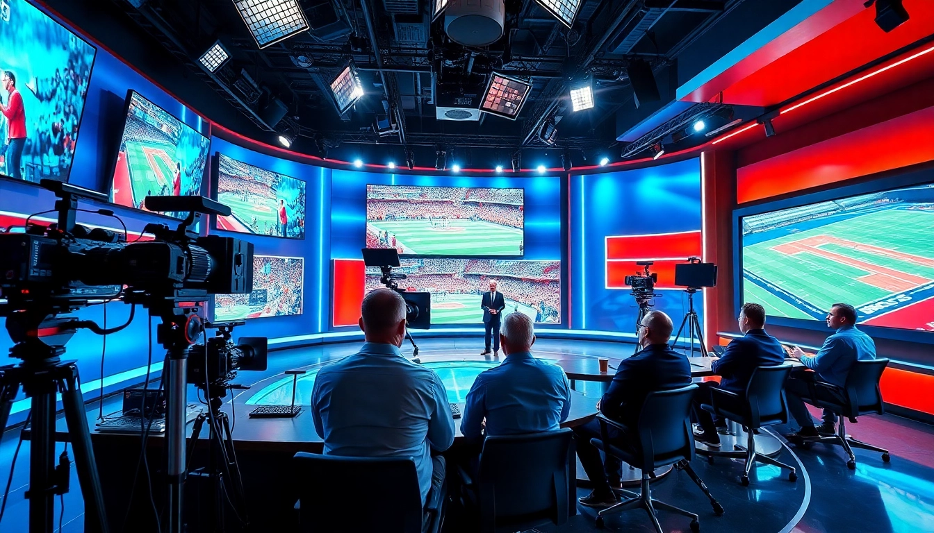 Engaging sports broadcasting scene with commentators in a lively studio setting.