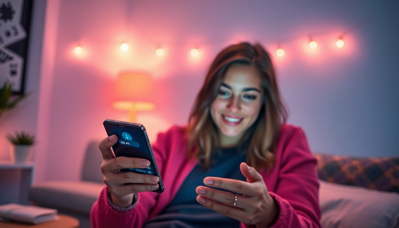 Engaging digital interaction showcasing sexting AI through a smartphone in a cozy, modern setting.